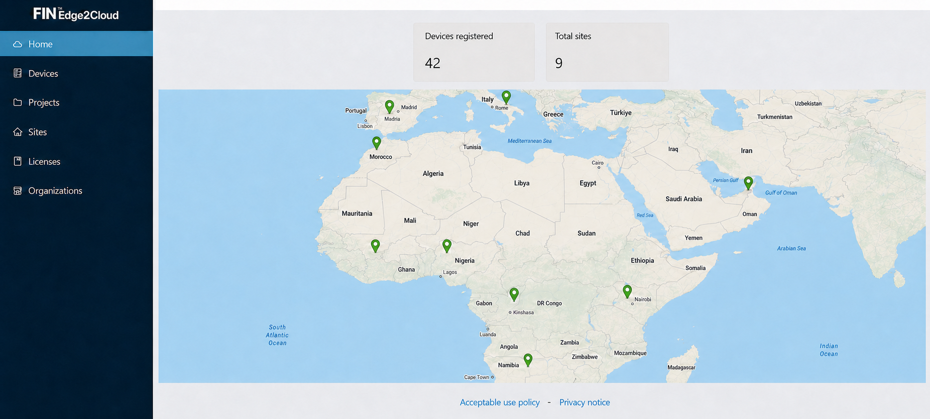 Privacy-safe FIN Edge2Cloud remote operations dashboard with synthetic sites across Africa, Europe, and the Middle East