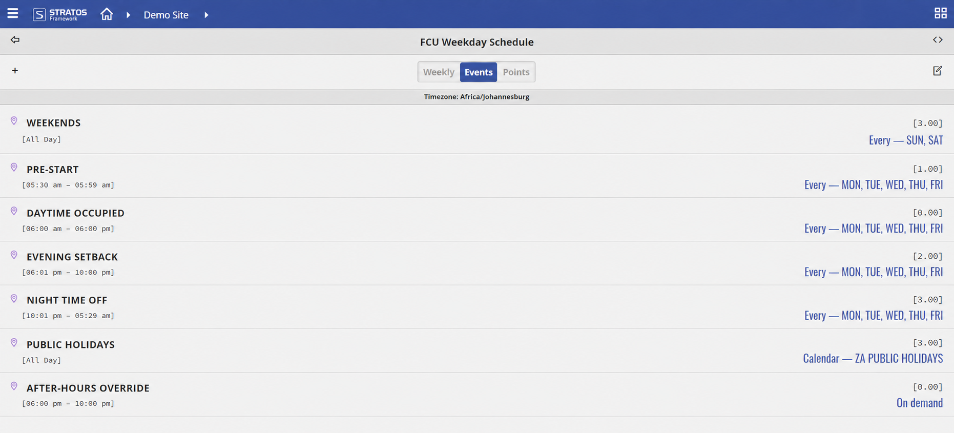 Anonymized STRATOS FCU schedule showing weekday, weekend, holiday, setback, and after-hours events