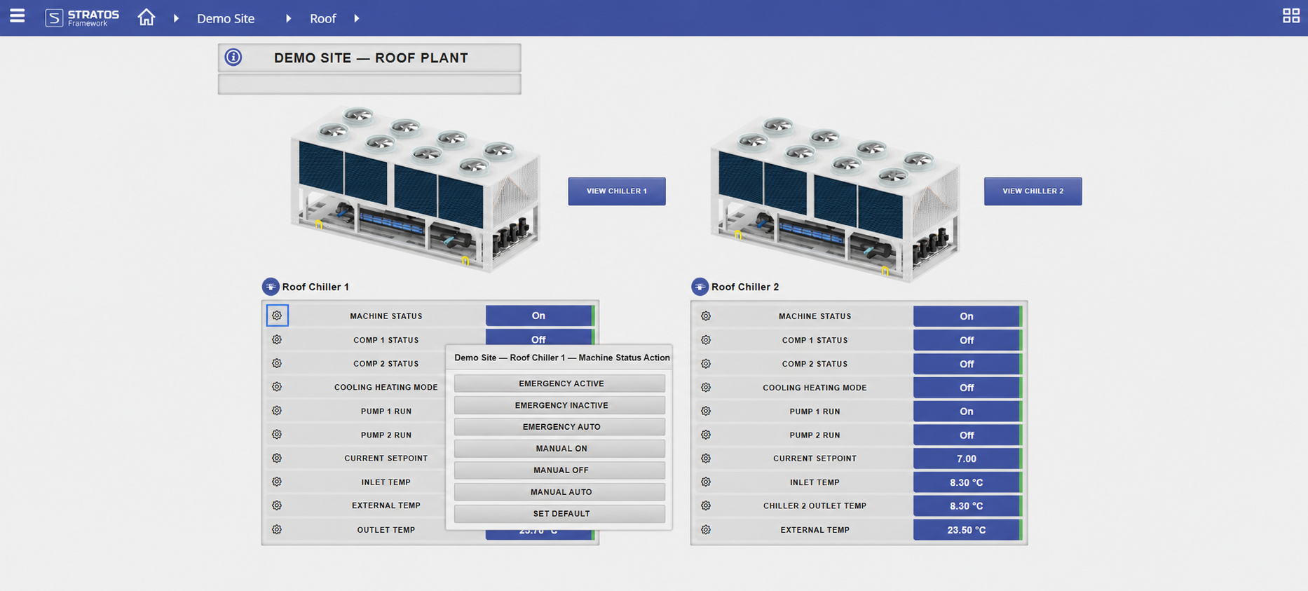 Anonymized STRATOS roof plant interface showing two chillers and an open machine status control menu